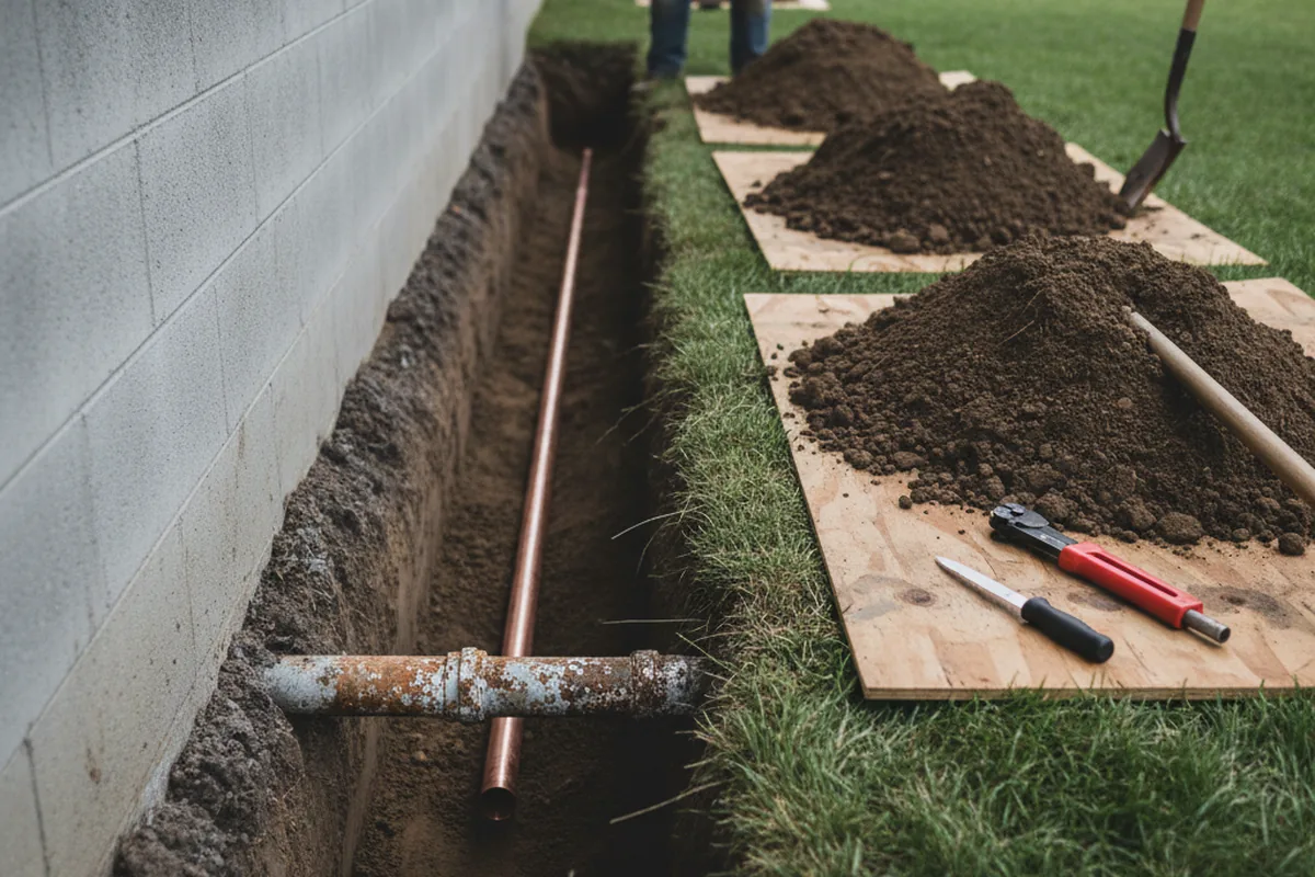 Excavated water line trench during Water Heater Repair in Fayette